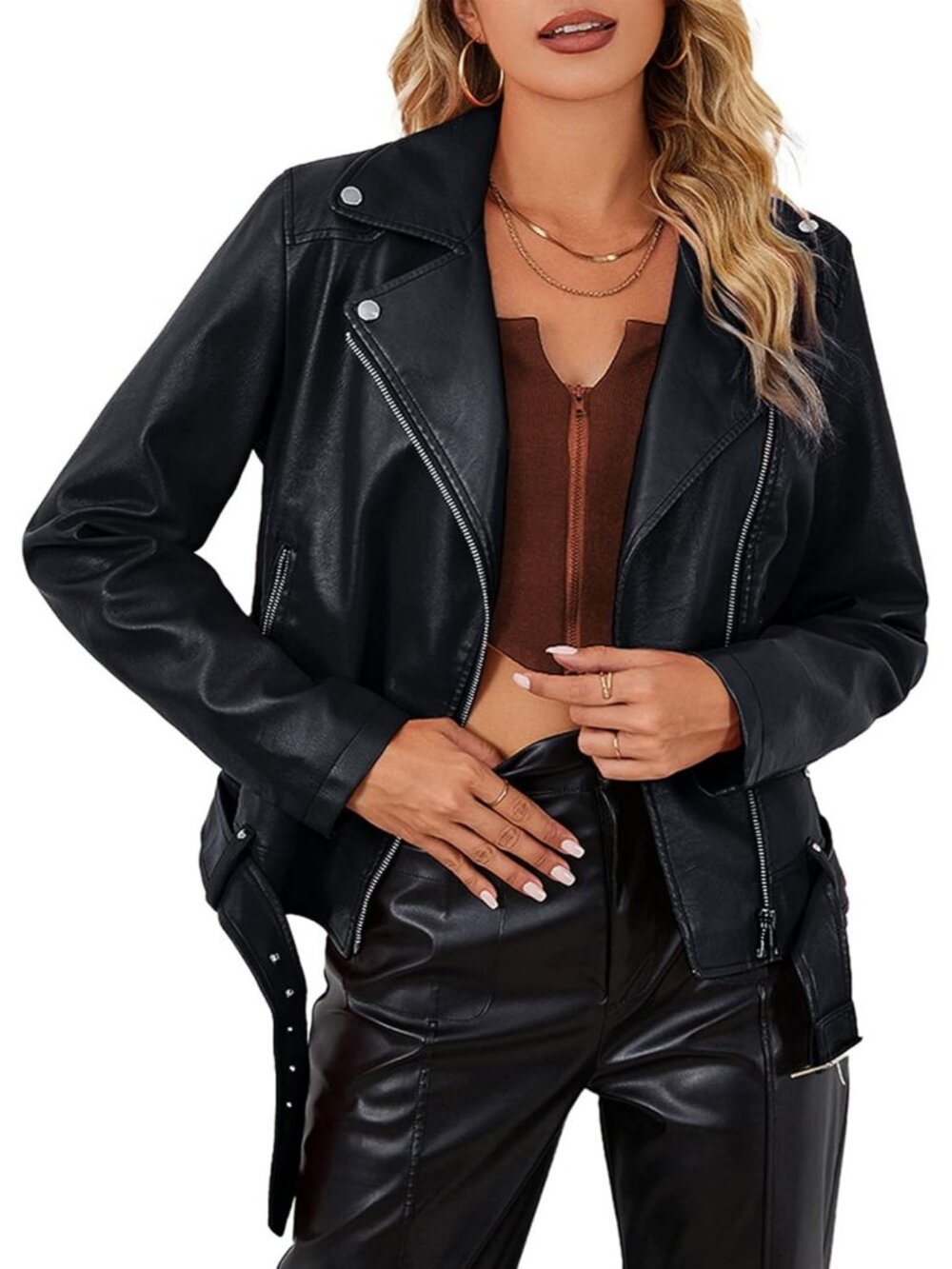 Women's Black With Belt Faux Leather Moto Biker Jacket Lightweight Zip Up Coat